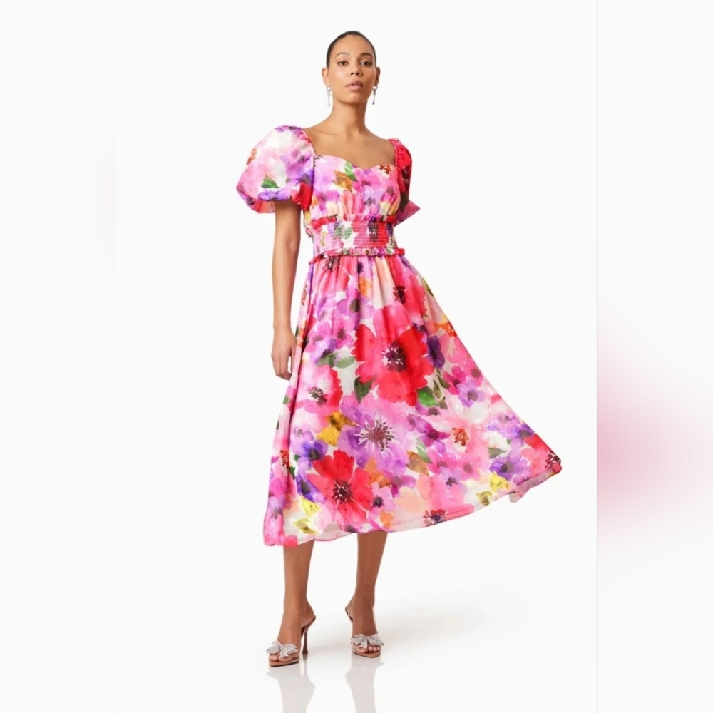 NWT ELLIATT Darra Puff Sleeve Colorful Fun Midi Dress Small